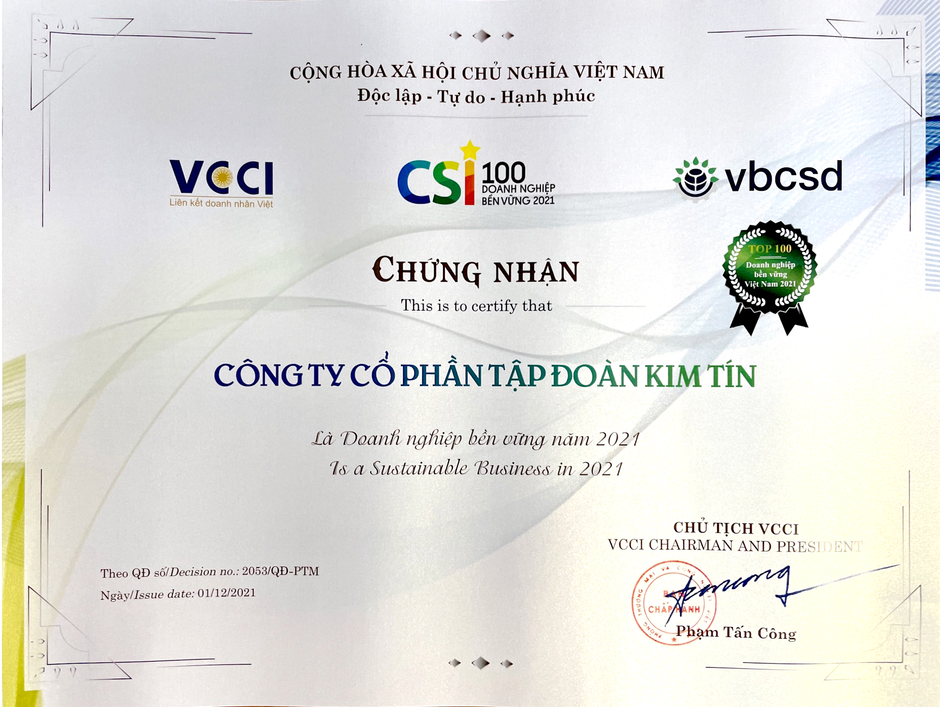 KIM TIN GROUP RECEIVED VIETNAM’S TOP 100 MOST SUSTAINABLE BUSINESSES AWARD IN 2021
