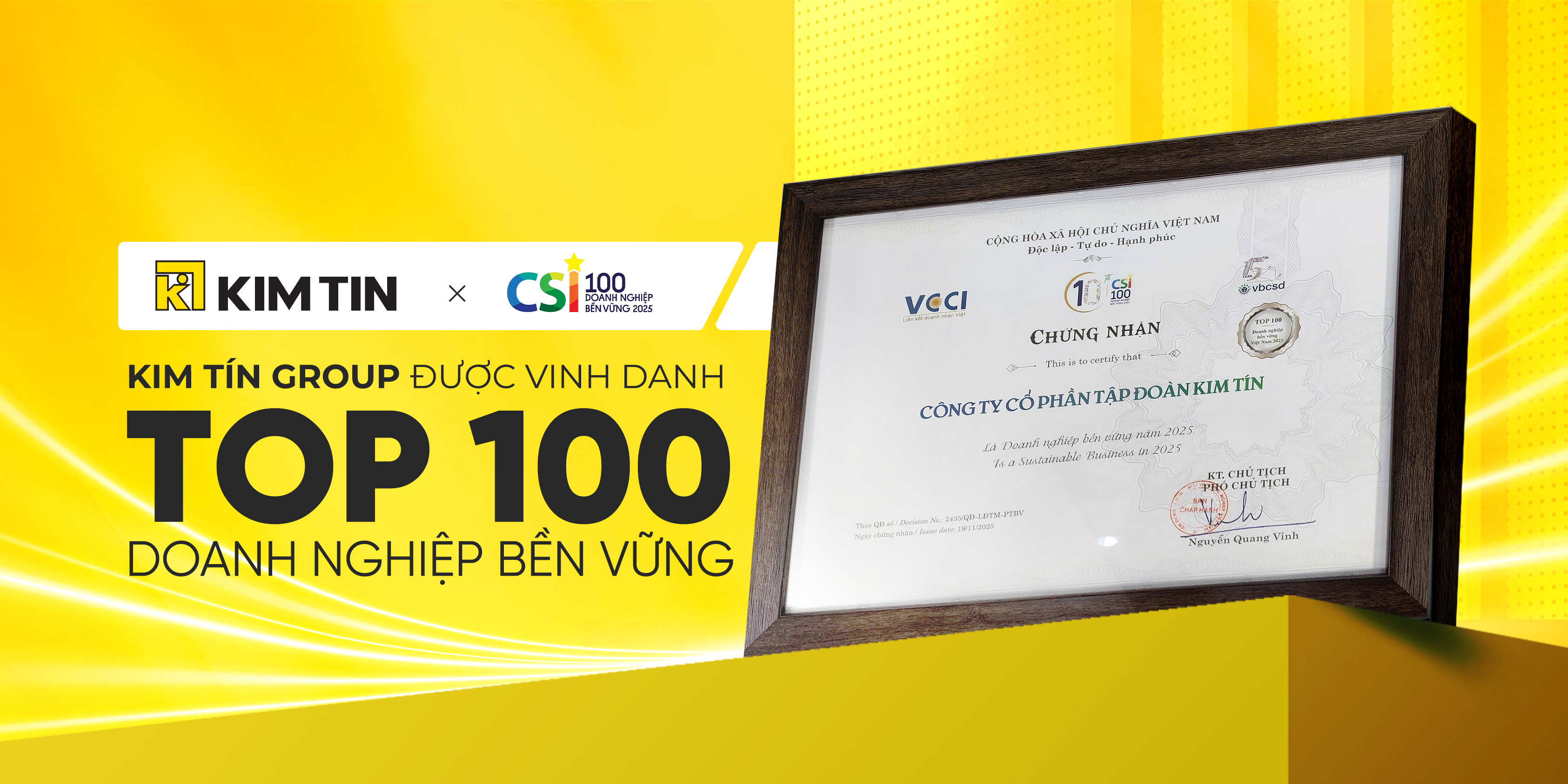 KIM TÍN ĐƯỢC VINH DANH TOP 100 DOANH NGHIỆP BỀN VỮNG (CSI 2025)